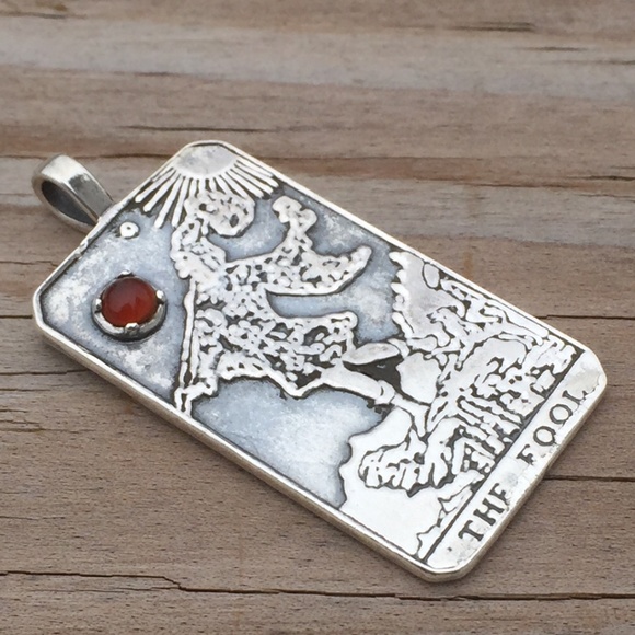 Fool Tarot Card Pendant .925 Sterling Silver w/ Genuine Carnelian gem USA - Picture 3 of 7